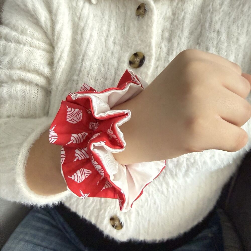 Handmade Red & Cream Scrunchie Hair Tie Ruffled Elastic Ponytail Holder - Picture 12 of 13
